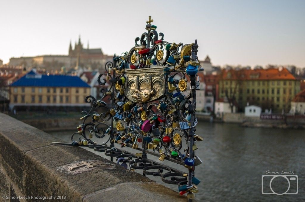 Locks on Charles Bridge, Prague. Placing locks on bridges in European cities has become a recent craze - couples place a lock on a metal structure to show the strength of their relationship